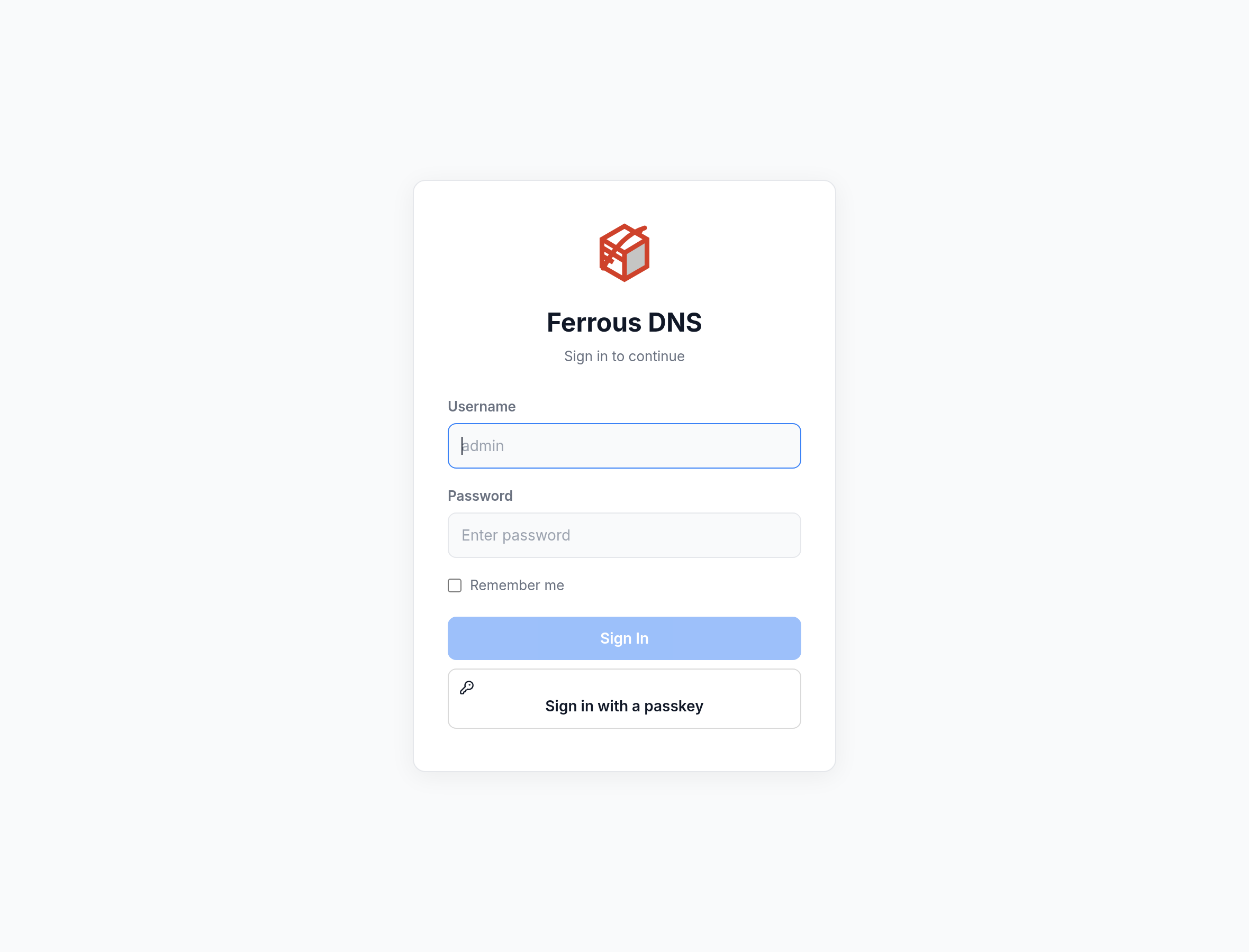 Ferrous DNS login screen with password and passkey options