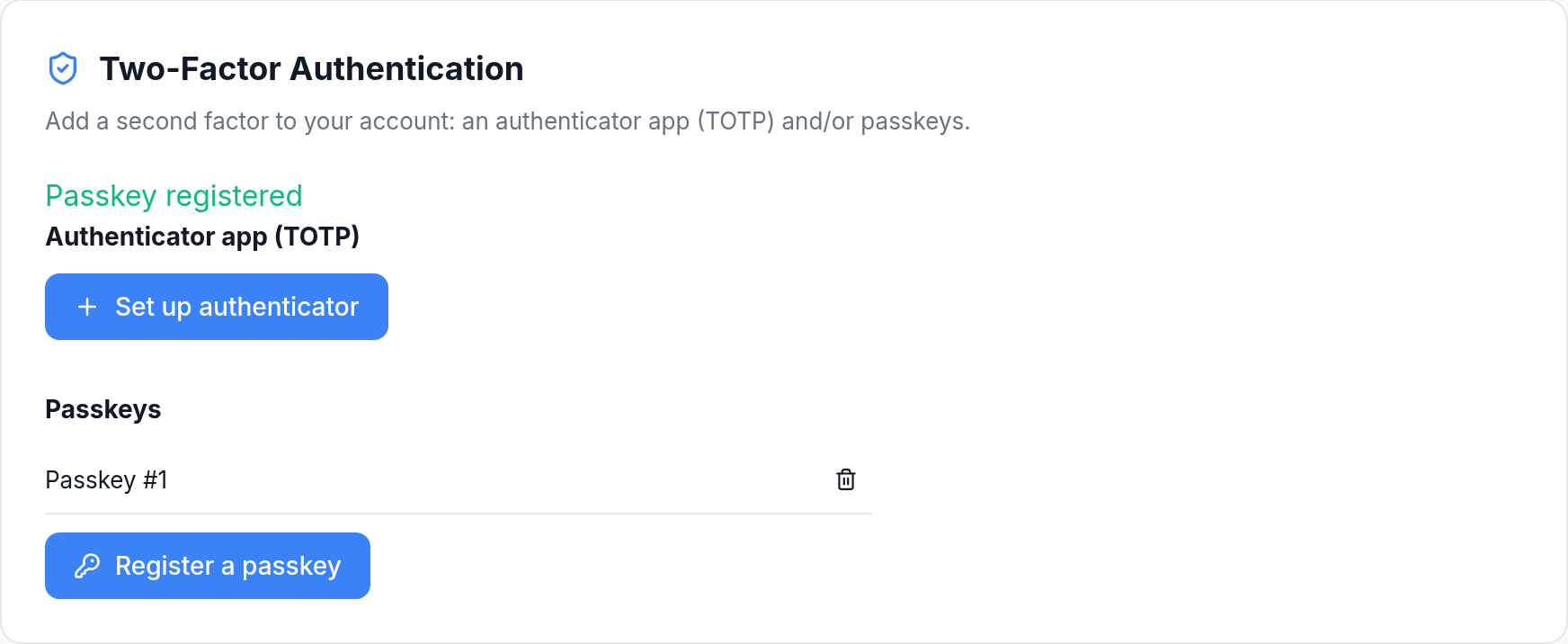 Passkey management — a registered passkey and the register button