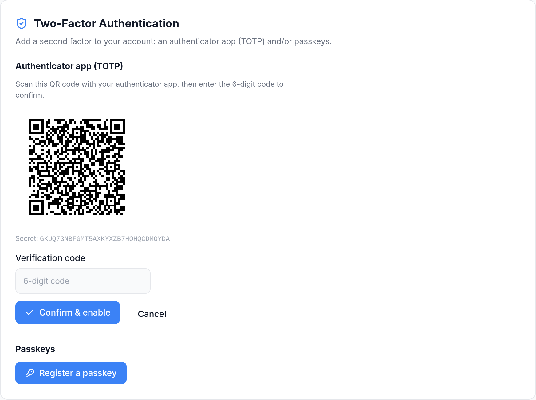 TOTP enrollment — QR code, secret, and verification field