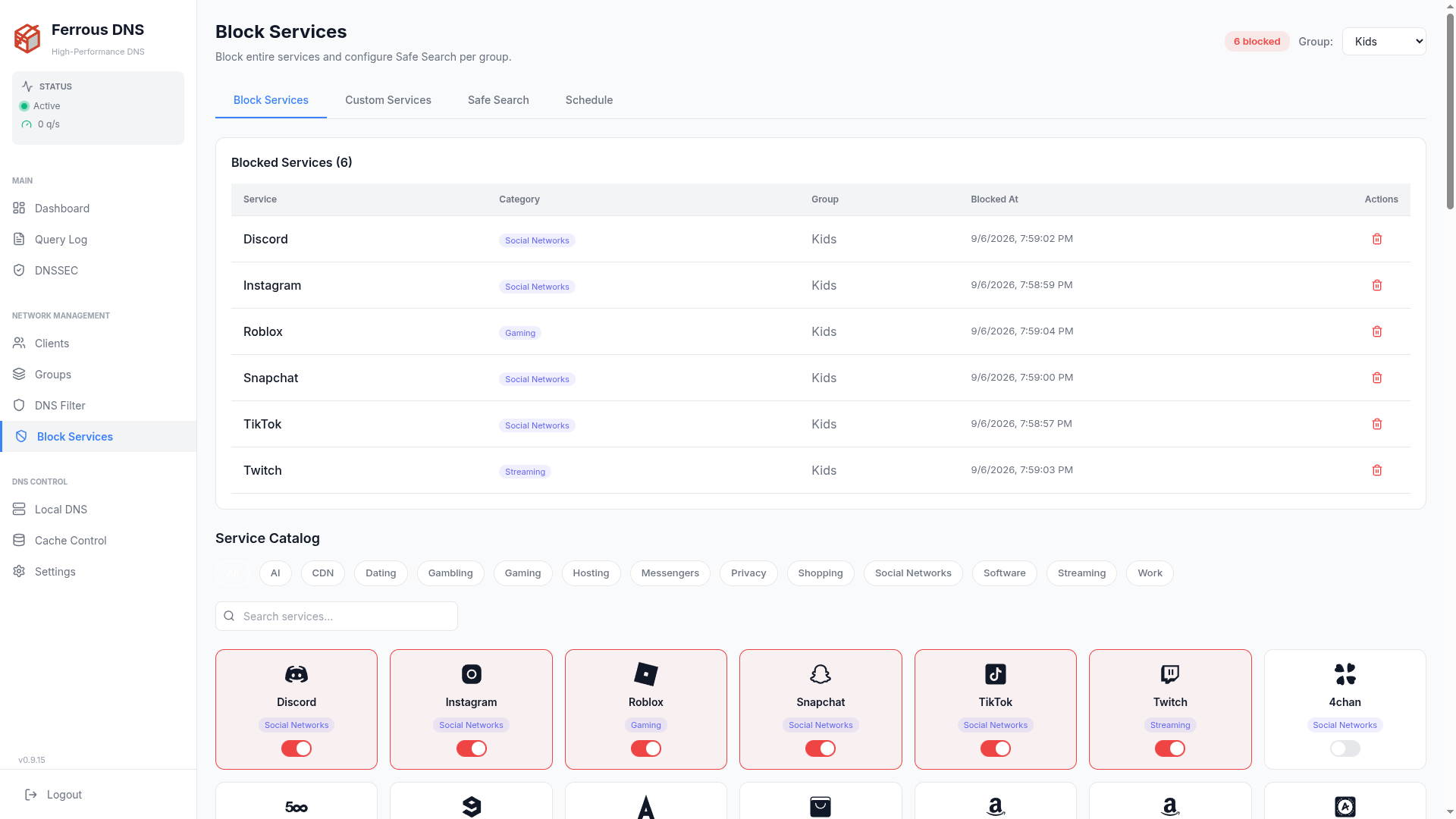 Block Services — services blocked for the selected group above the searchable service catalog, blocked entries highlighted