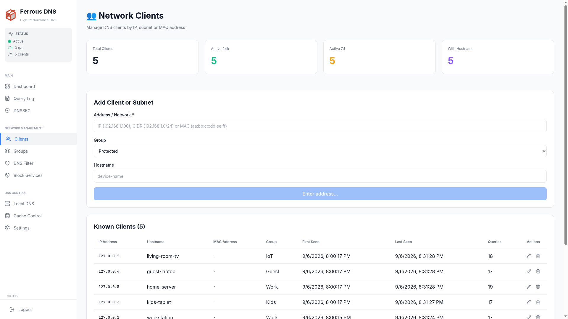 Clients page — the add client/subnet form above the known-clients table with hostname, group and query count