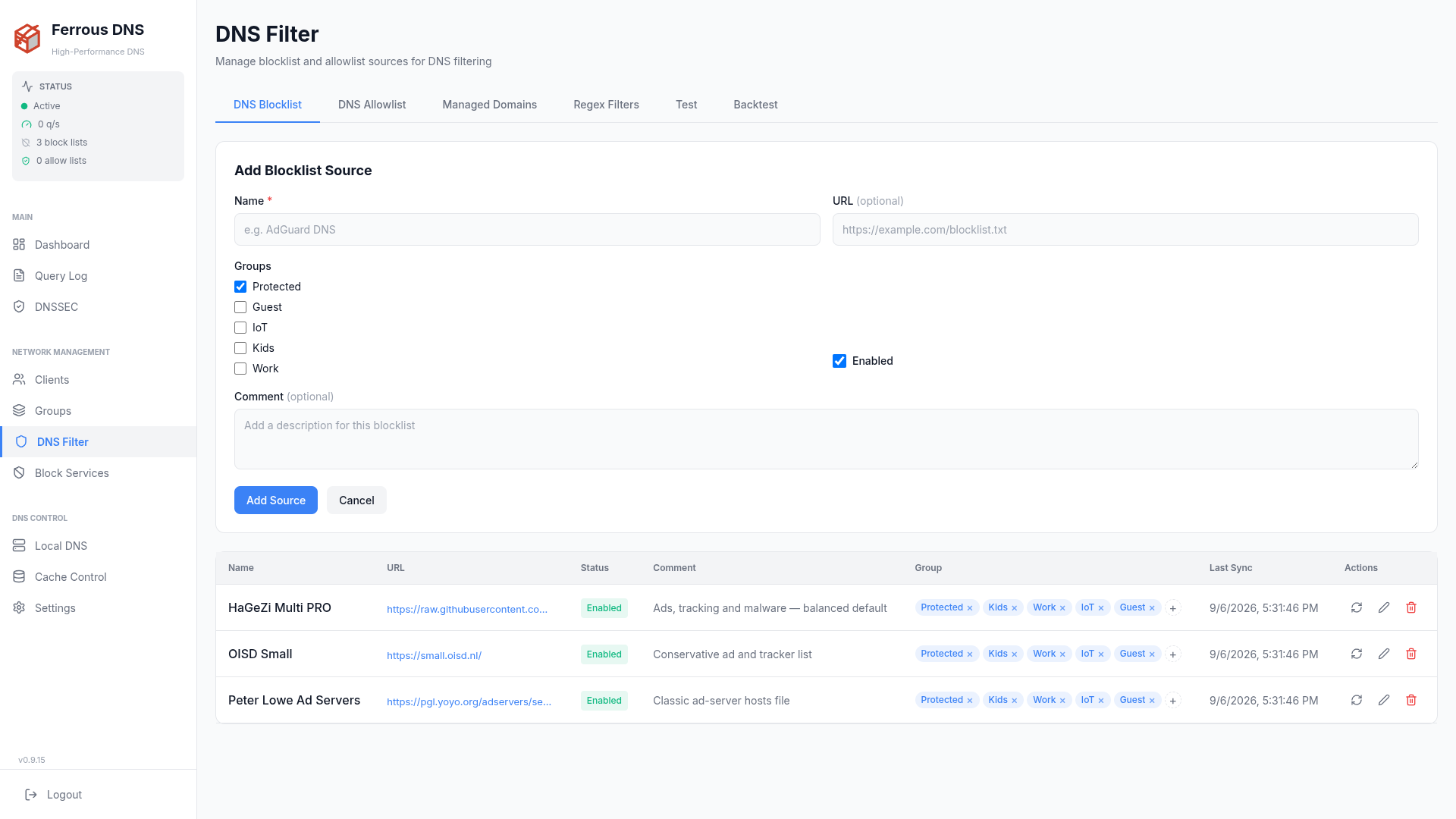 DNS Filter — the add-source form and the blocklist table, each source showing its status, Last Sync timestamp, groups and per-row refresh action