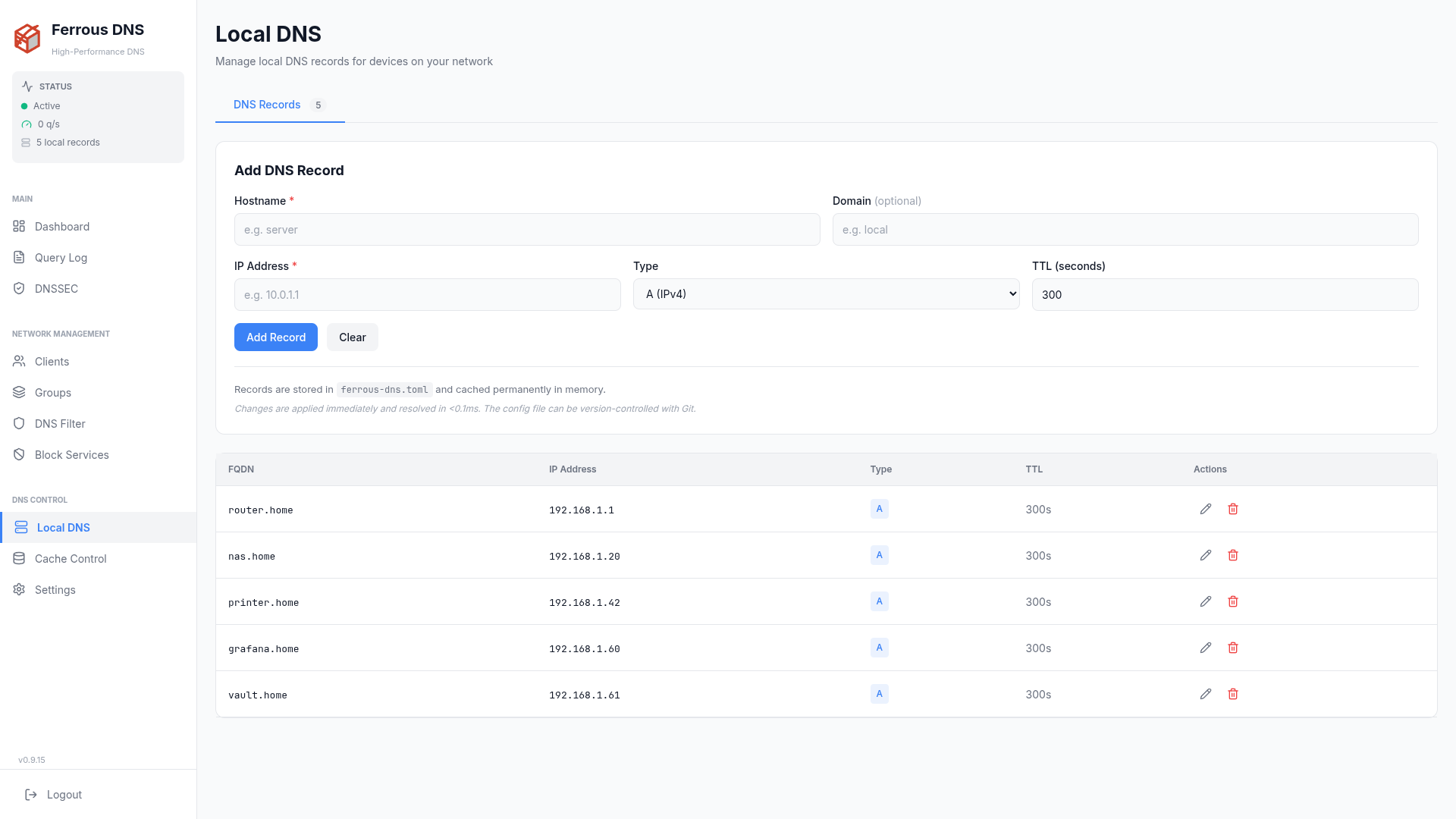 Local DNS — the add-record form above the table of static records with FQDN, IP, type and TTL